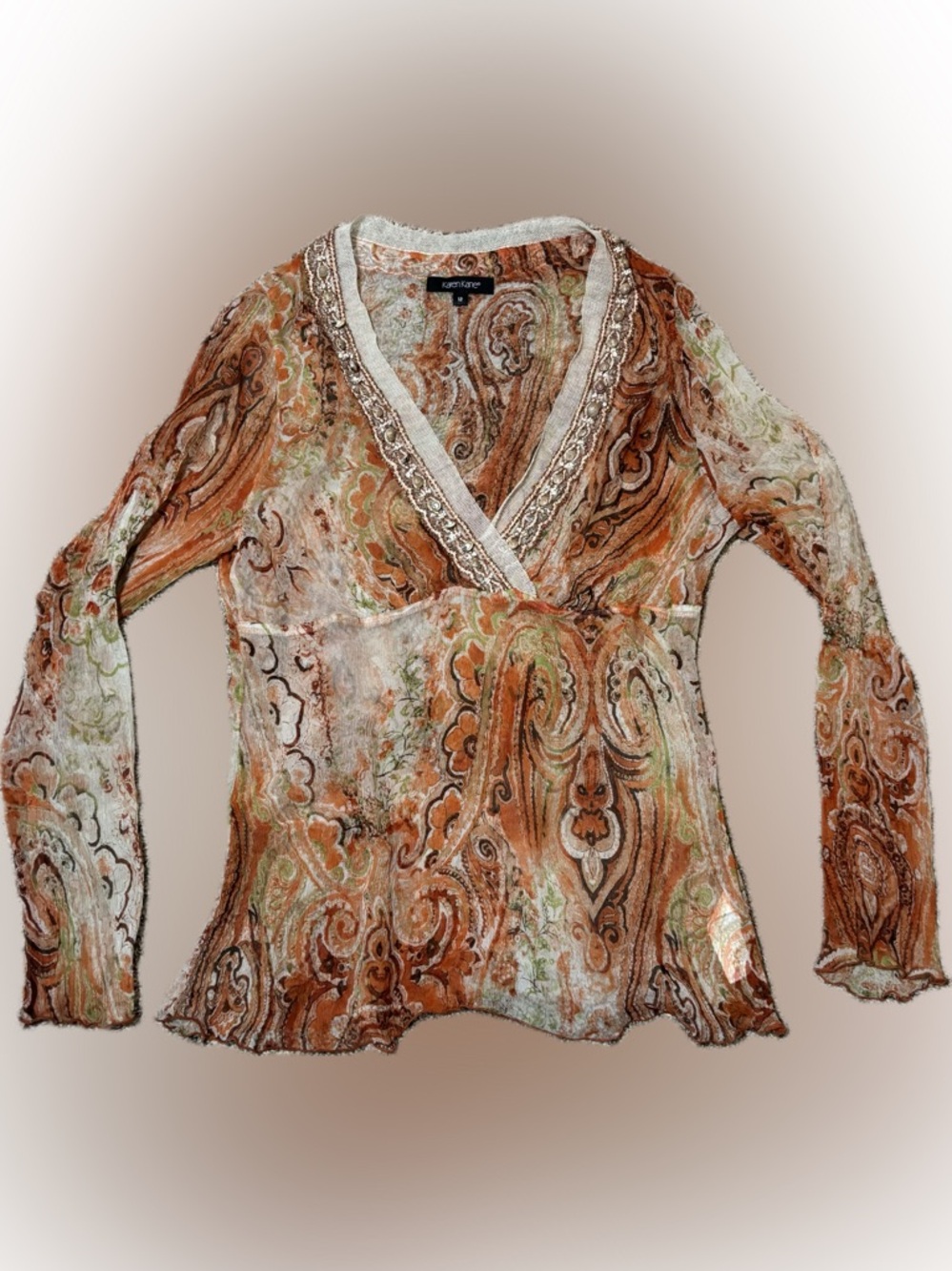 E95 Karen Kane Orange and Green Paisley V-Neck Tunic, Size 12